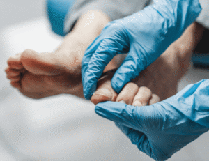 Podiatrist examining the toenail of a diabetic patient