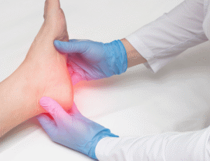 A doctor examining a patient's foot for fat pad atrophy pain and diagnosis
